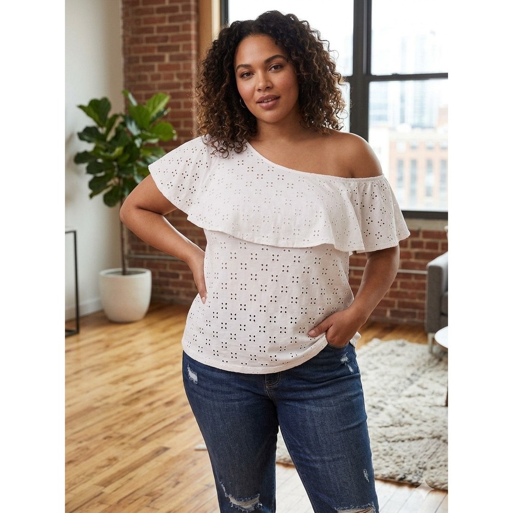 Torrid 2 2X White Jersey Eyelet One Shoulders Ruffle Blouse Knit Top Plus Size